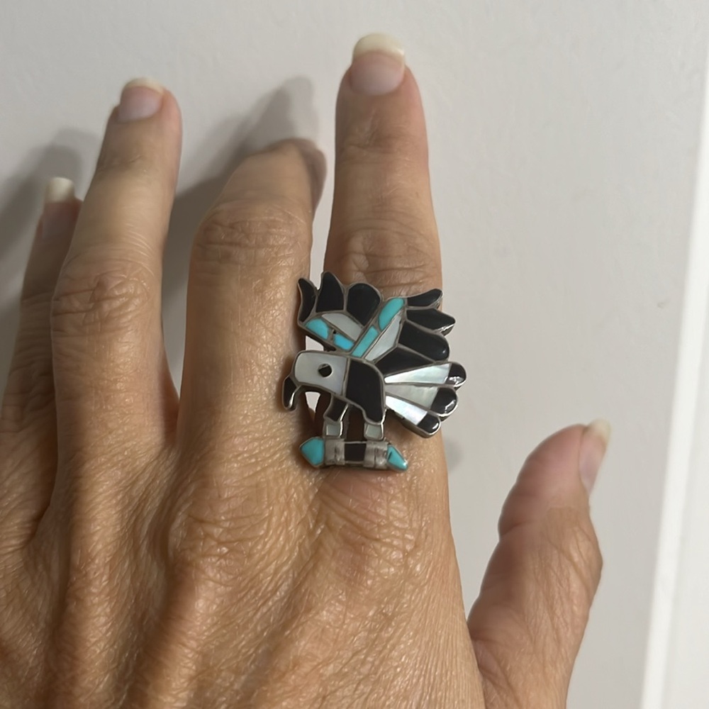 Vintage ZUNI TURQUOISE EAGLE Sterling silver 925 ring - native RARE size 7 🔥🦅 - Picture 2 of 6